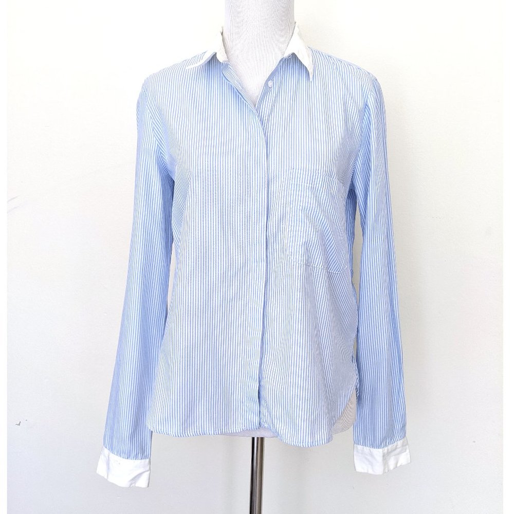Zara Woman White Blue Stripe Button-down Shirt